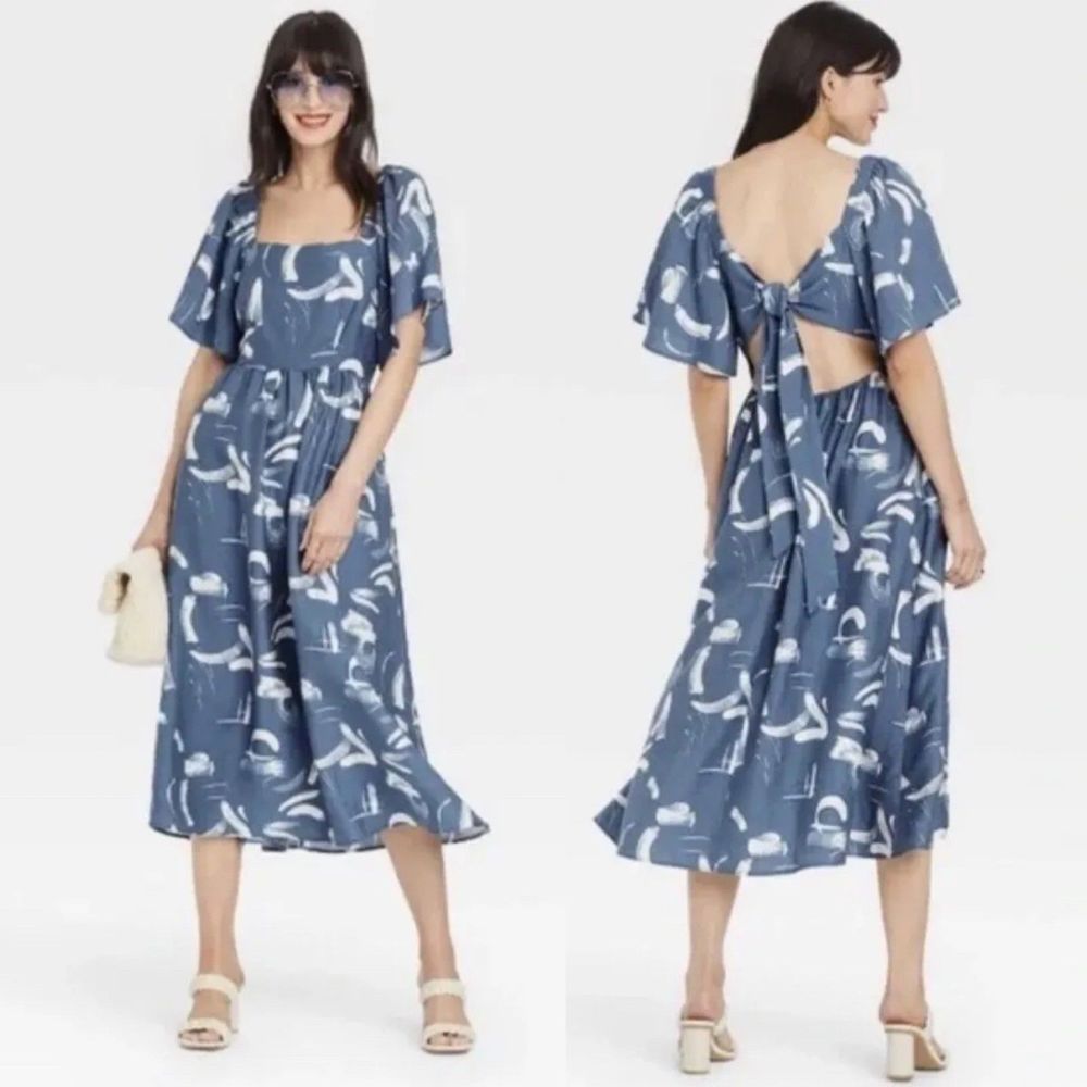 A New Day by Target Flutter Sleeve Bow Tie Back Midi Dress Blue Small